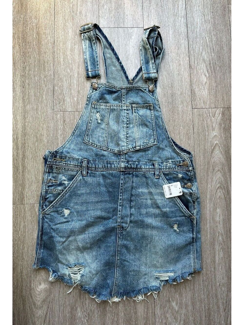 Free People Women's Light Wash Denim Overall Mini Dress
